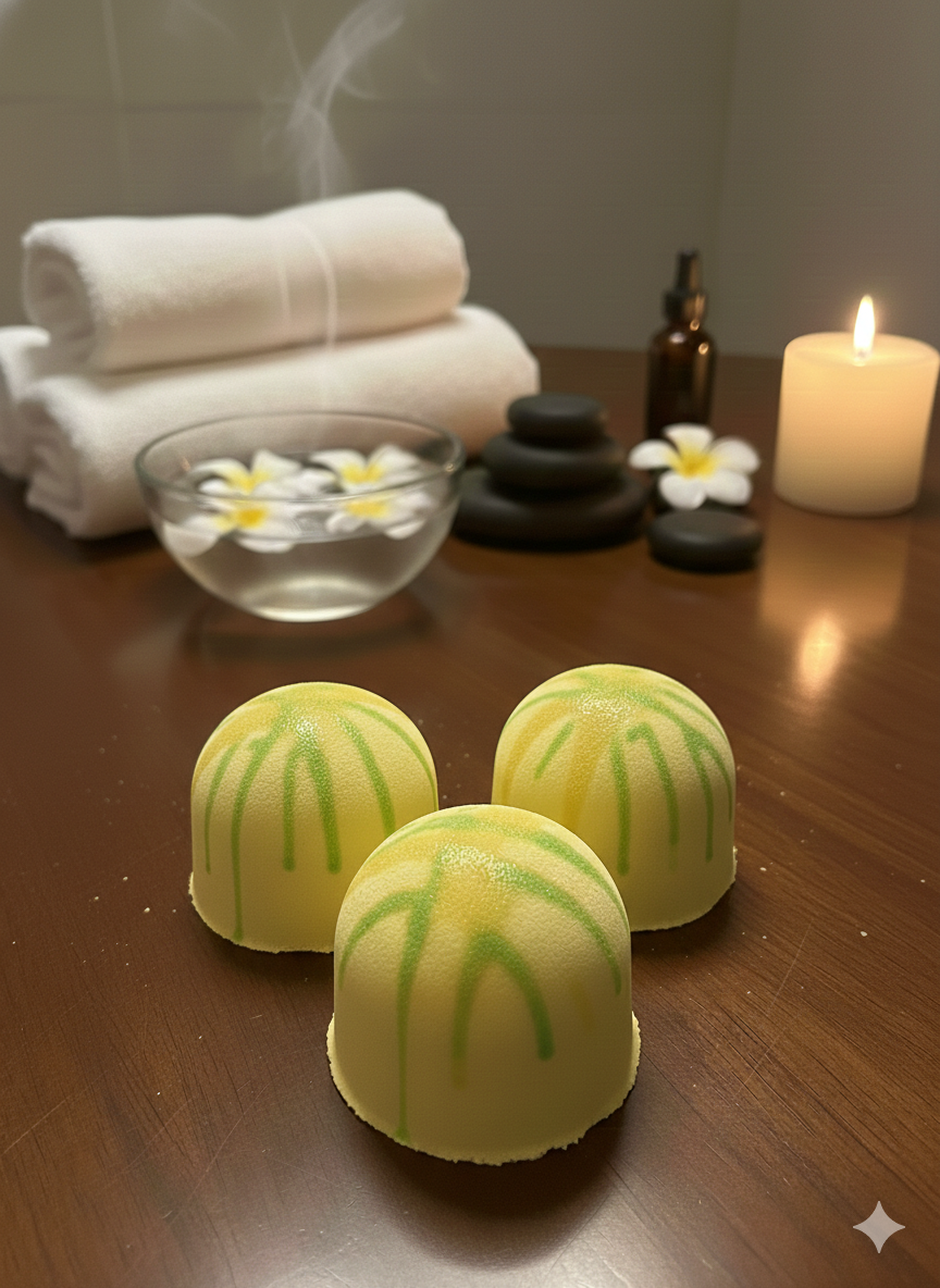 Three green bath bombs on a wooden surface with towels, a candle, and stones in the background.