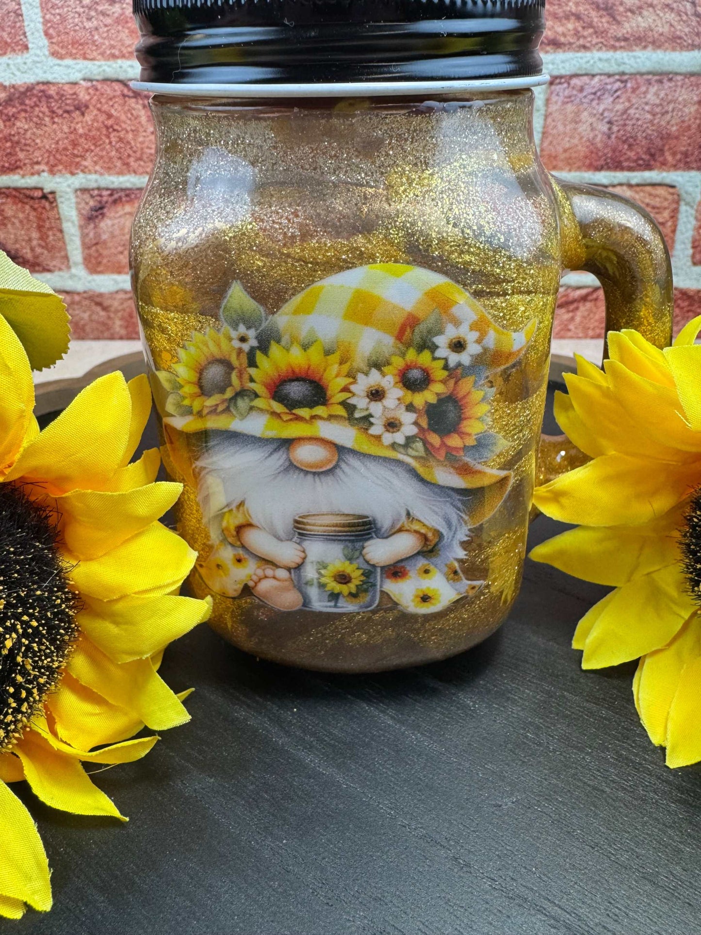 Gnome Sunflower Mason Jar glass drinking cup with lid, straw, and gnome sunflower design