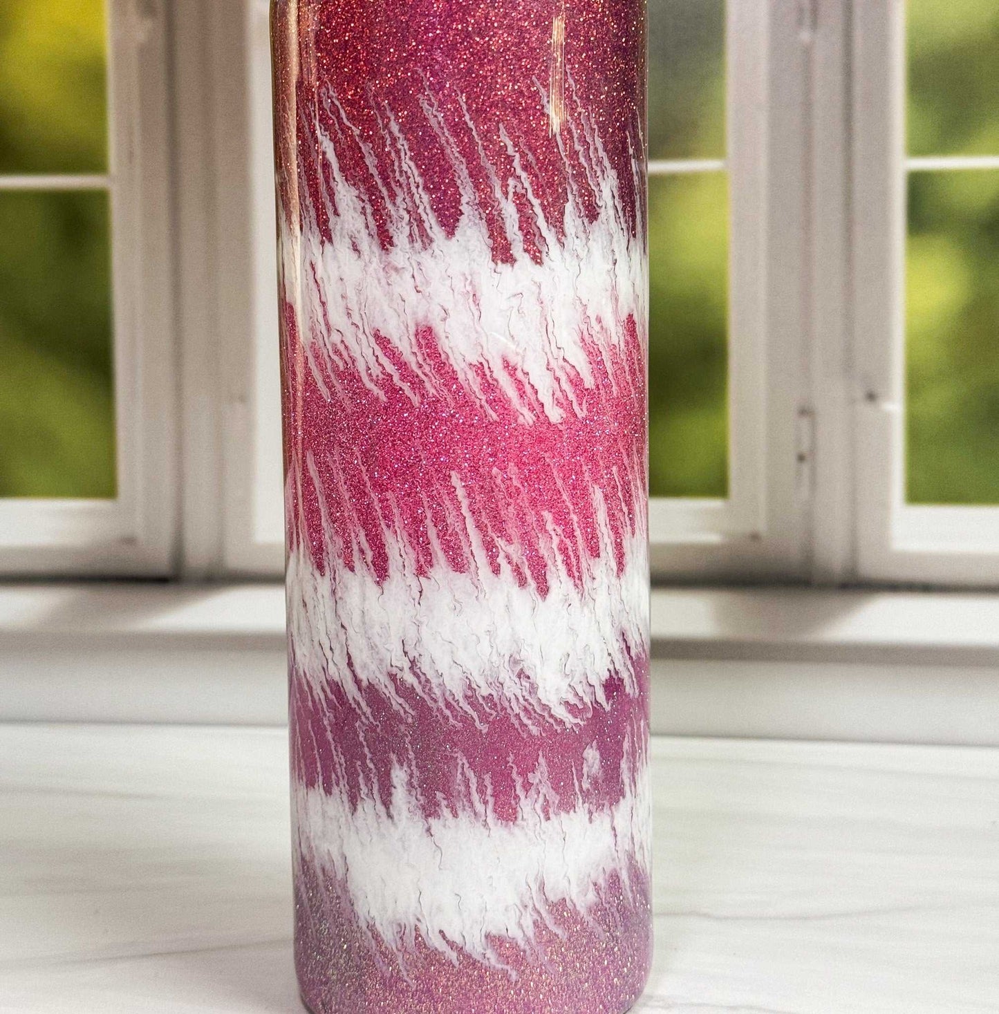 Pink and White Tumbler: Handmade 20 oz Stainless Steel Travel Cup