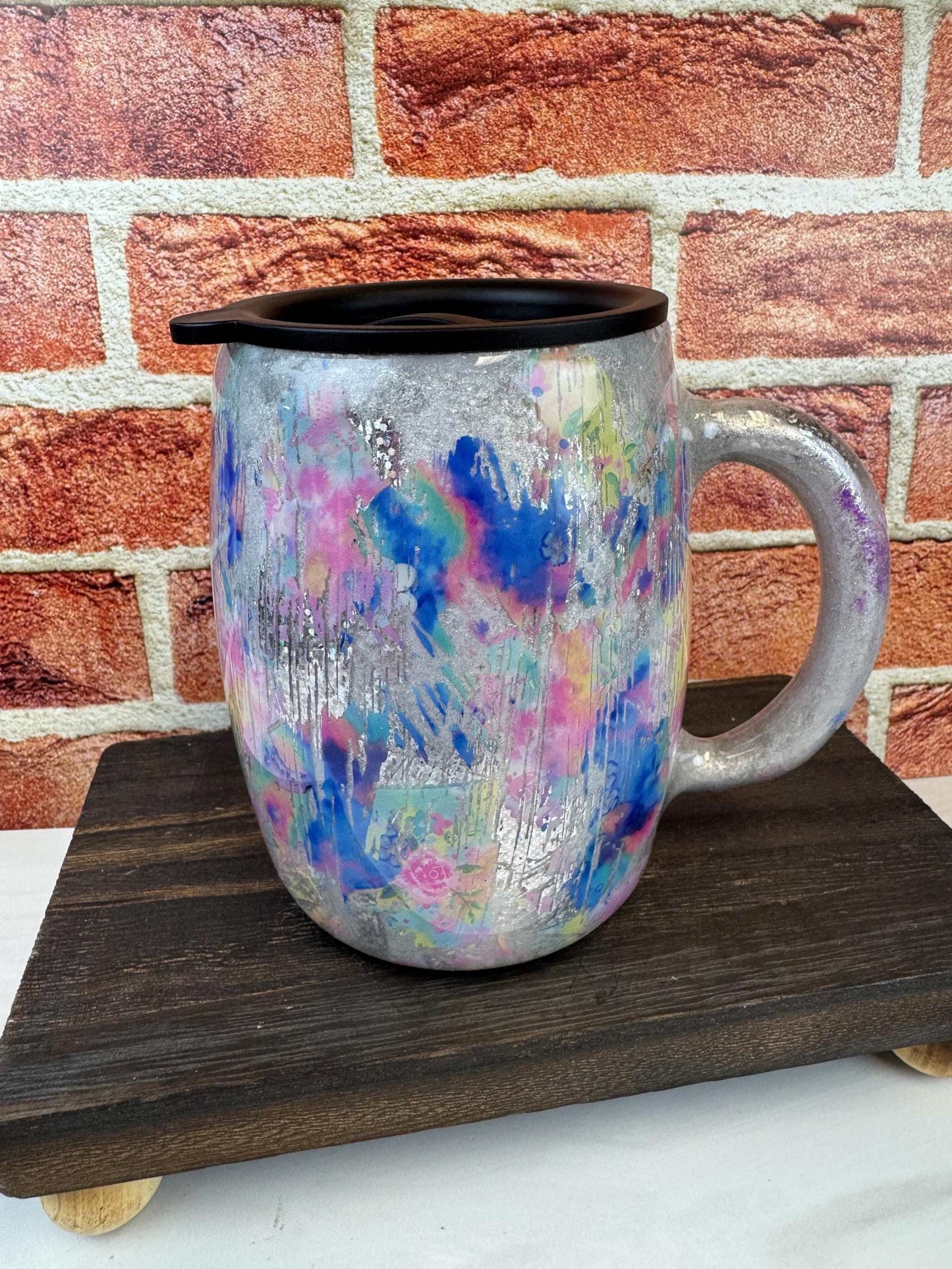 Silver Coffee Mug - 14oz Insulated Tumbler with Pink & Blue Accents