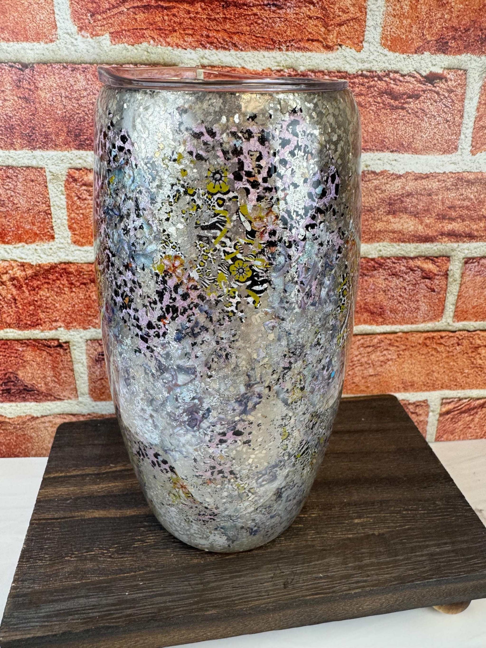 Silver Tumbler with Patches of Color: Double-Wall Insulated Cup