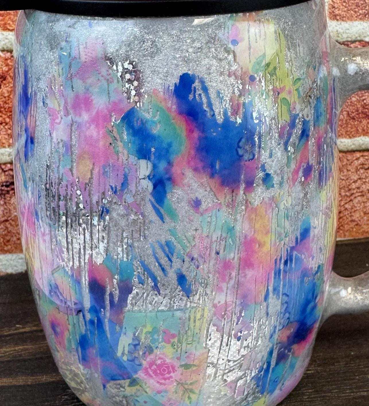 Silver Coffee Mug - 14oz Insulated Tumbler with Pink & Blue Accents