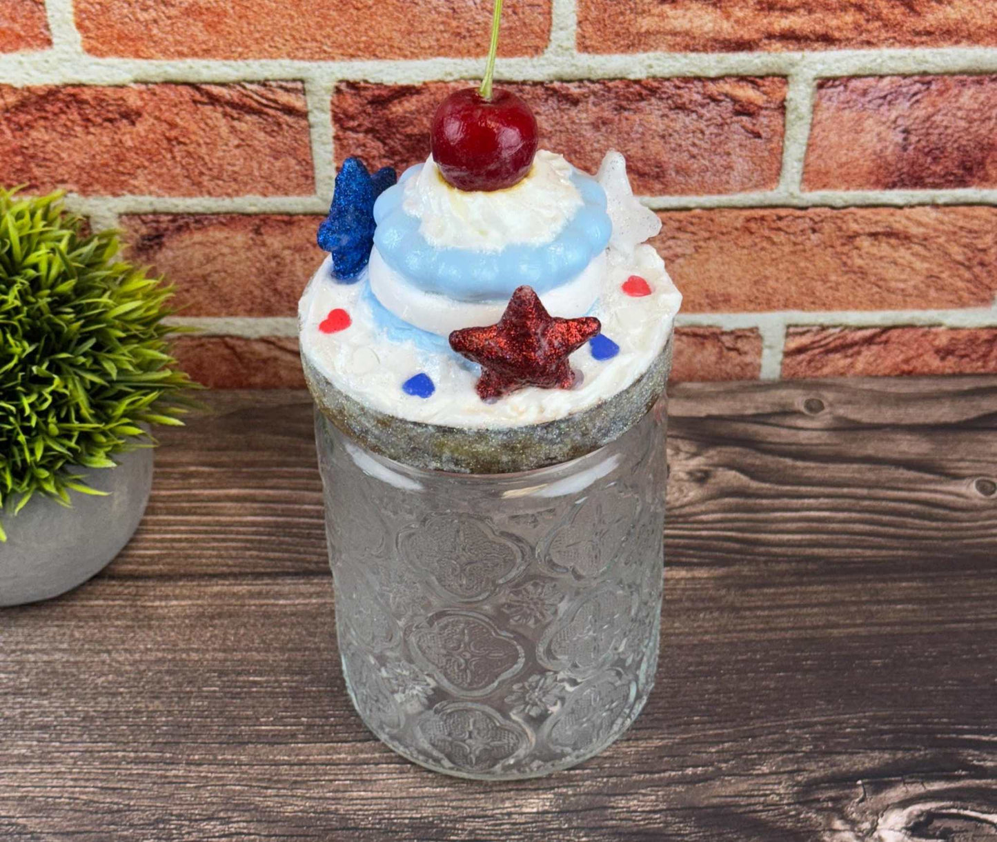 Patriotic Treat Jar - Red, White, and Blue with Macaron -Cherry Design