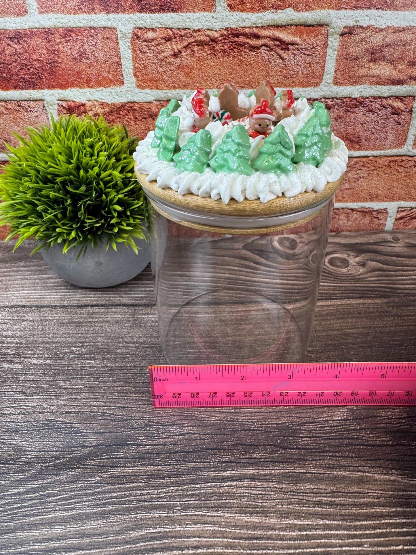 Christmas Jar Decor with gingerbread and Christmas tree accents on lid, tiered tray holiday decoration