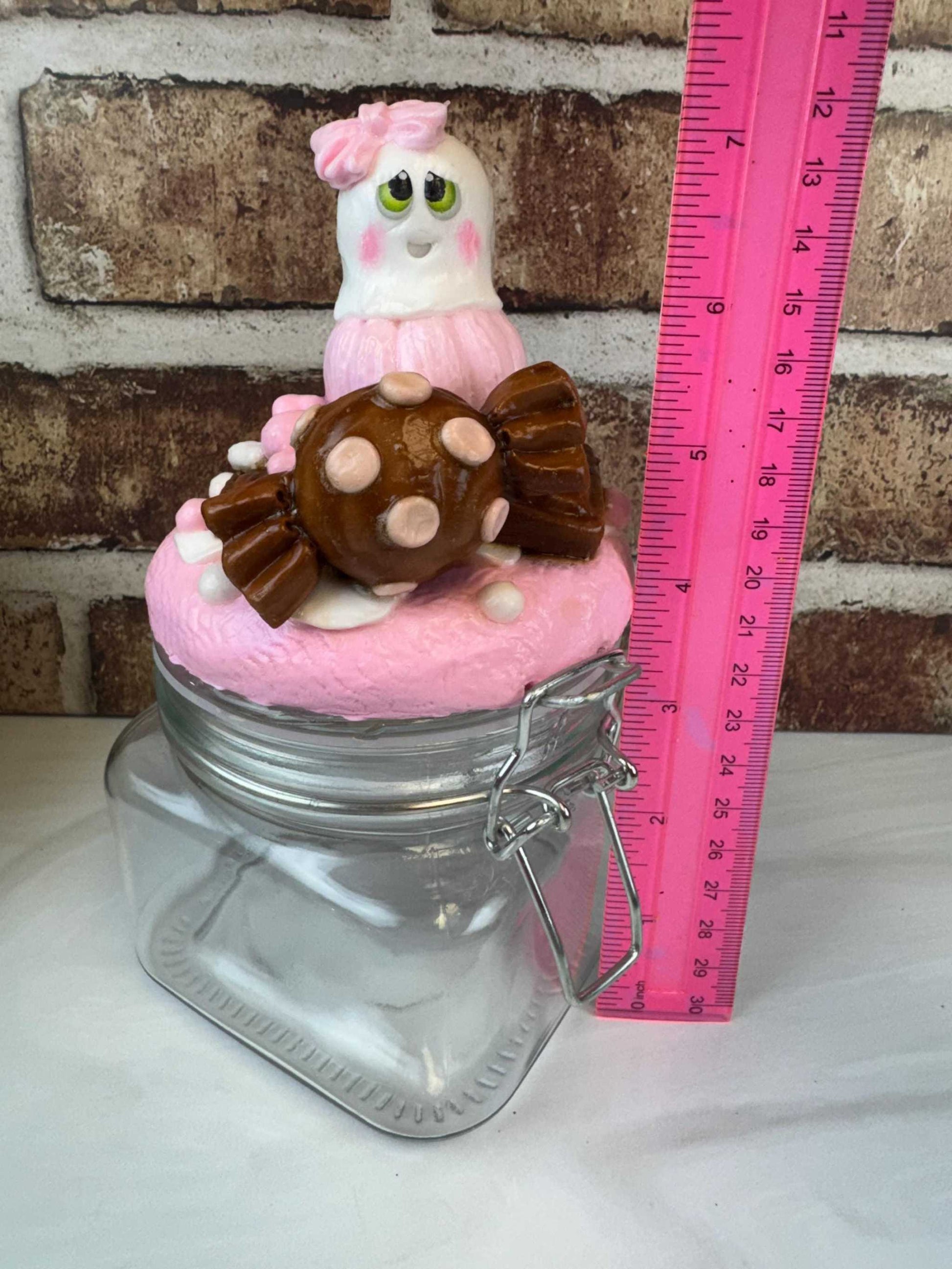 Ghost Treat Jar: Hand-Painted Faux Ghost Cookies & Candies Storage Hand-painted sweet treats jar with faux ghost and candy decoration on glass storage container