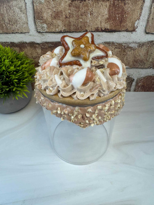 Sweet Treat Jar with faux whipped topping, fake nuts, and cookie decorations on clear container