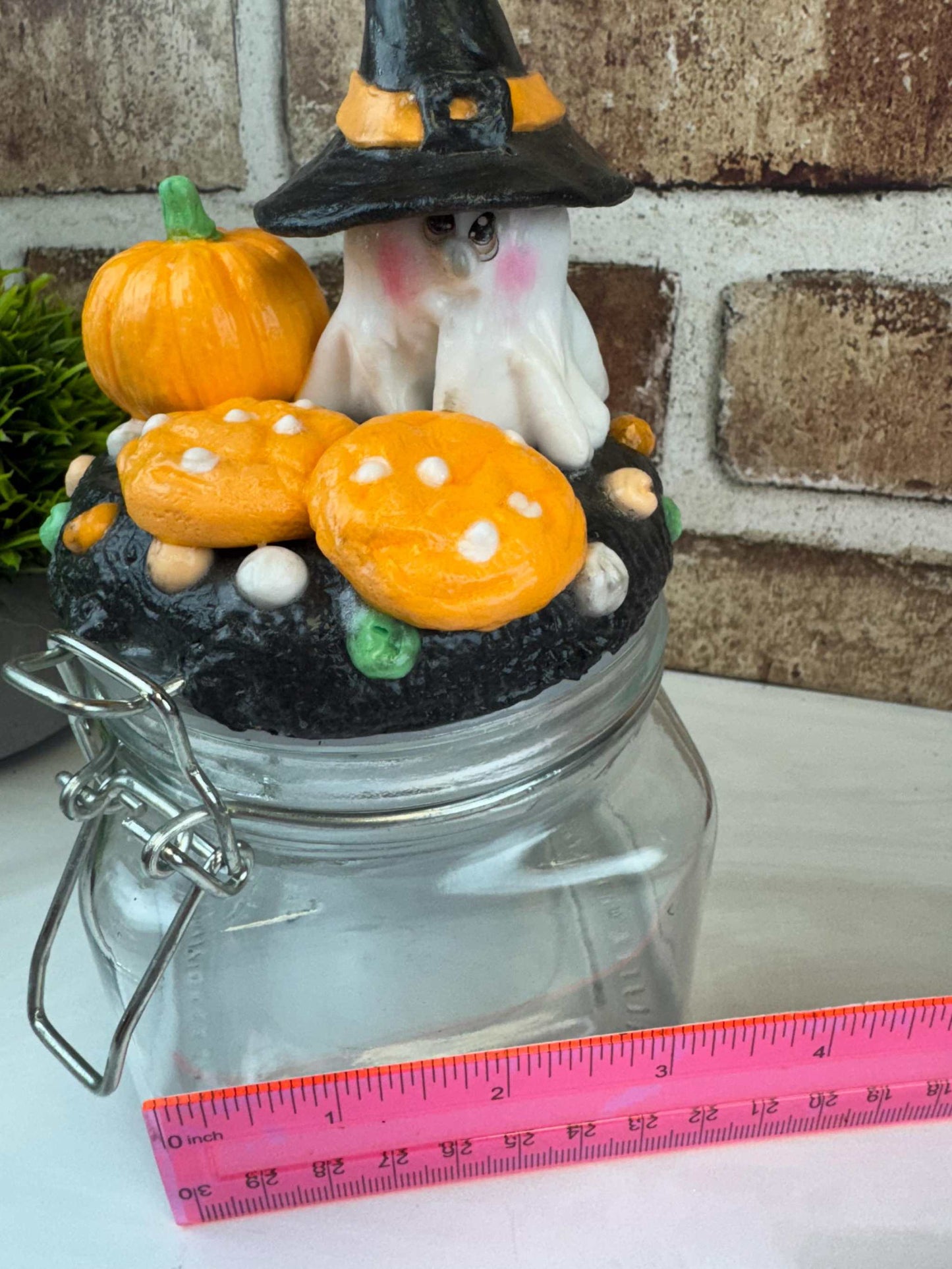 Halloween candy jar - Ghost Witch Treat Jar with Pumpkin & Cookies