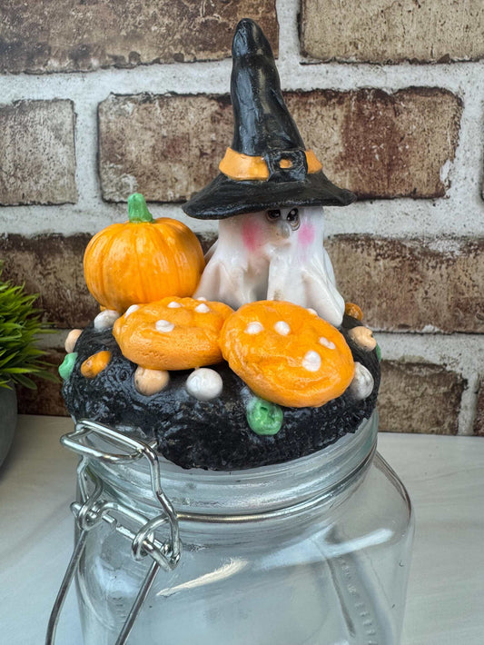 Ghost Witch Treat Jar-Faux Ghost and Witch Hat - Pumpkin and Cookies