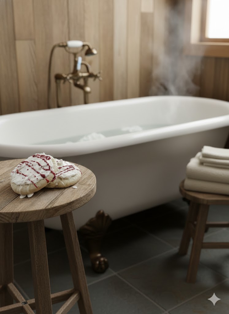 Bathroom scene with a freestanding bathtub, wooden stools, and towels.