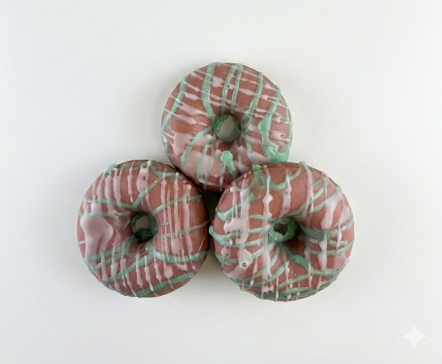 Three soap donuts with pink and green glaze on a white background