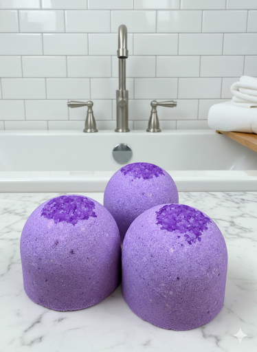 Three purple bath bombs on a marble countertop with a bathtub and faucet in the background.