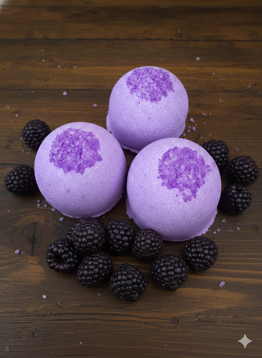 Purple bath bombs with blackberries on a wooden surface