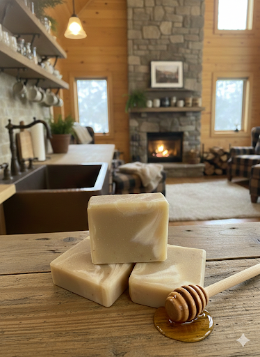 Three bars of soap on a wooden surface with a honey dipper, in a cozy kitchen setting.