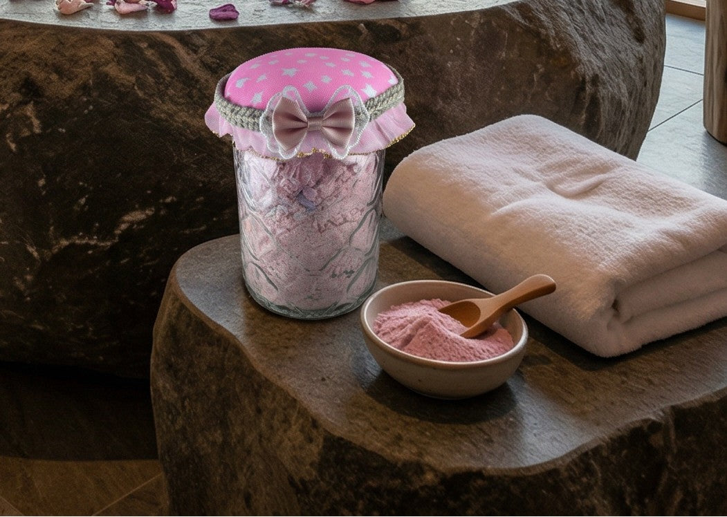 Pink bath salts in a jar with a lid, a bowl of bath salts, and a wooden spoon on a stone surface.