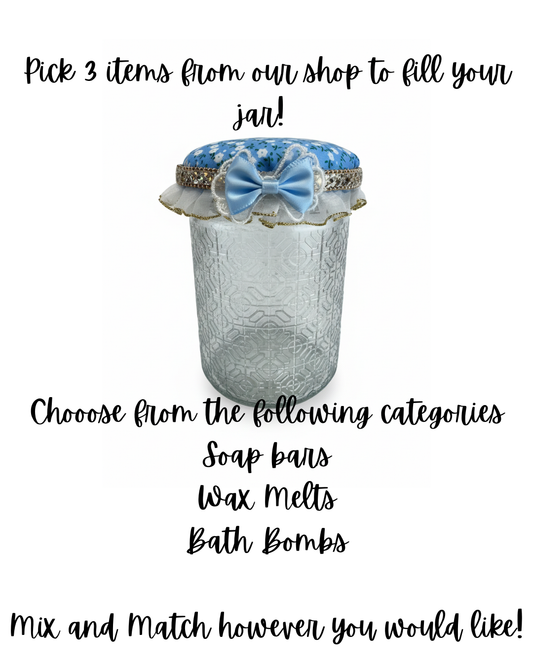 Pamper Jar - Fill with a soap/bath bomb/wax - Blue floral with white trim