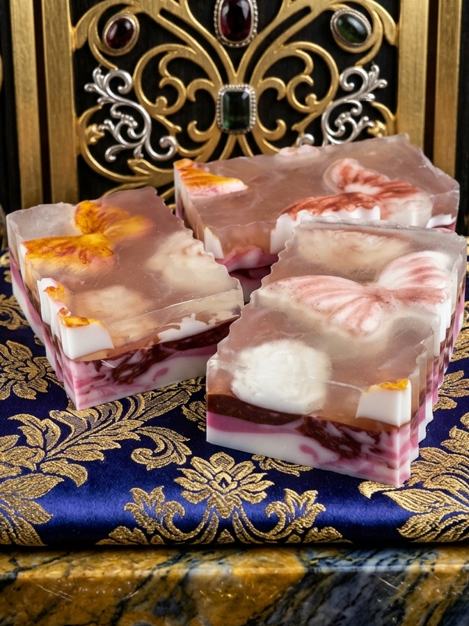 Decorative soap bars on a luxurious blue and gold surface with ornate patterns.