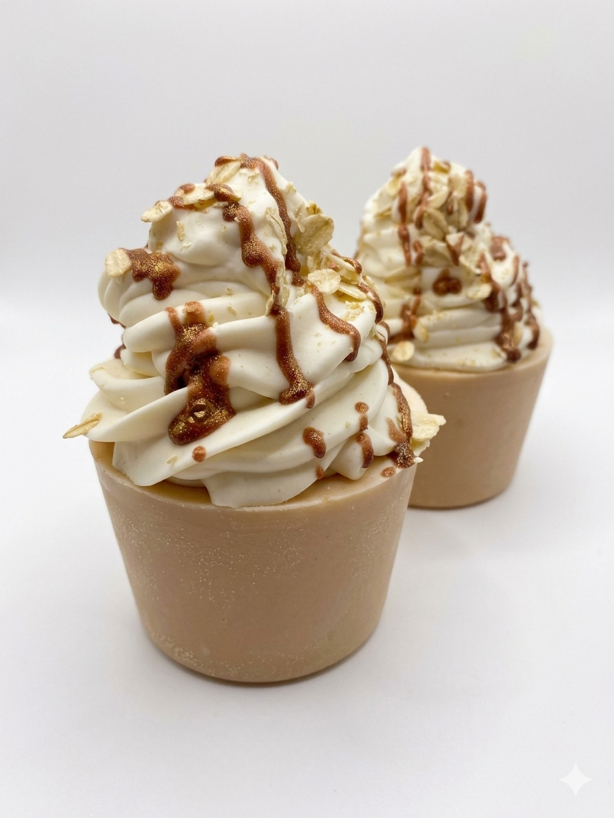 Two soap cupcakes with whipped cream and honey drizzle on a white background