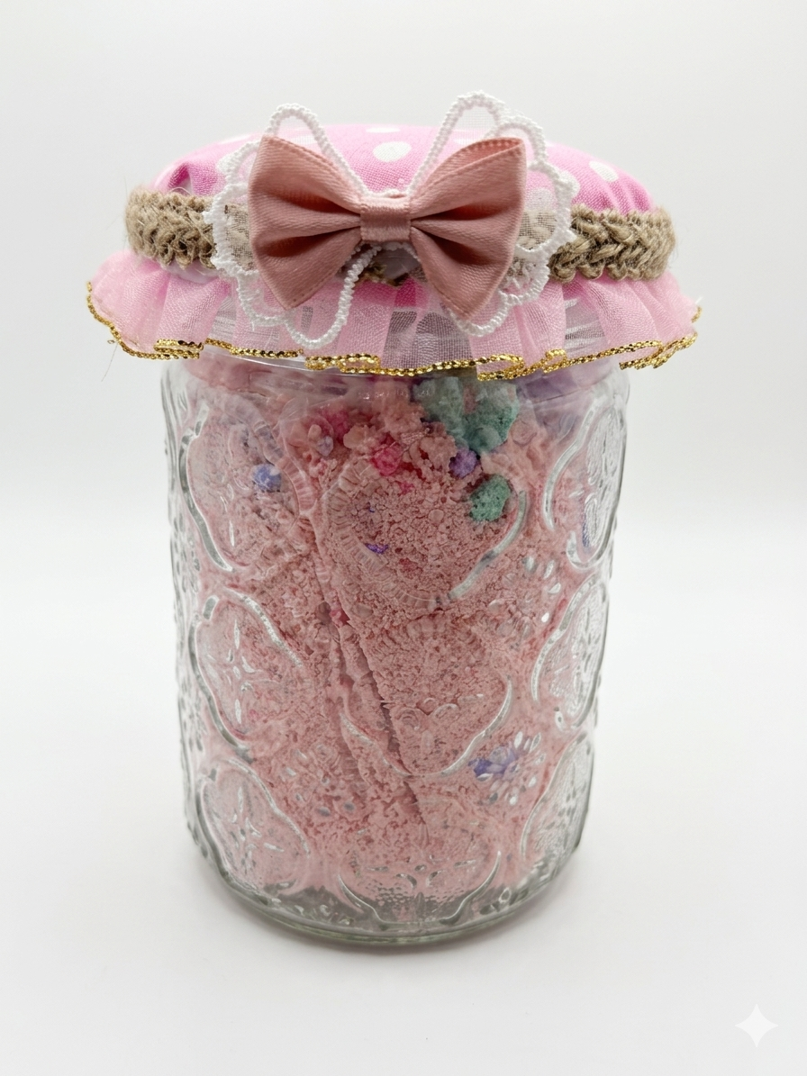 Decorative jar with pink bow and decorative elements on a white background
