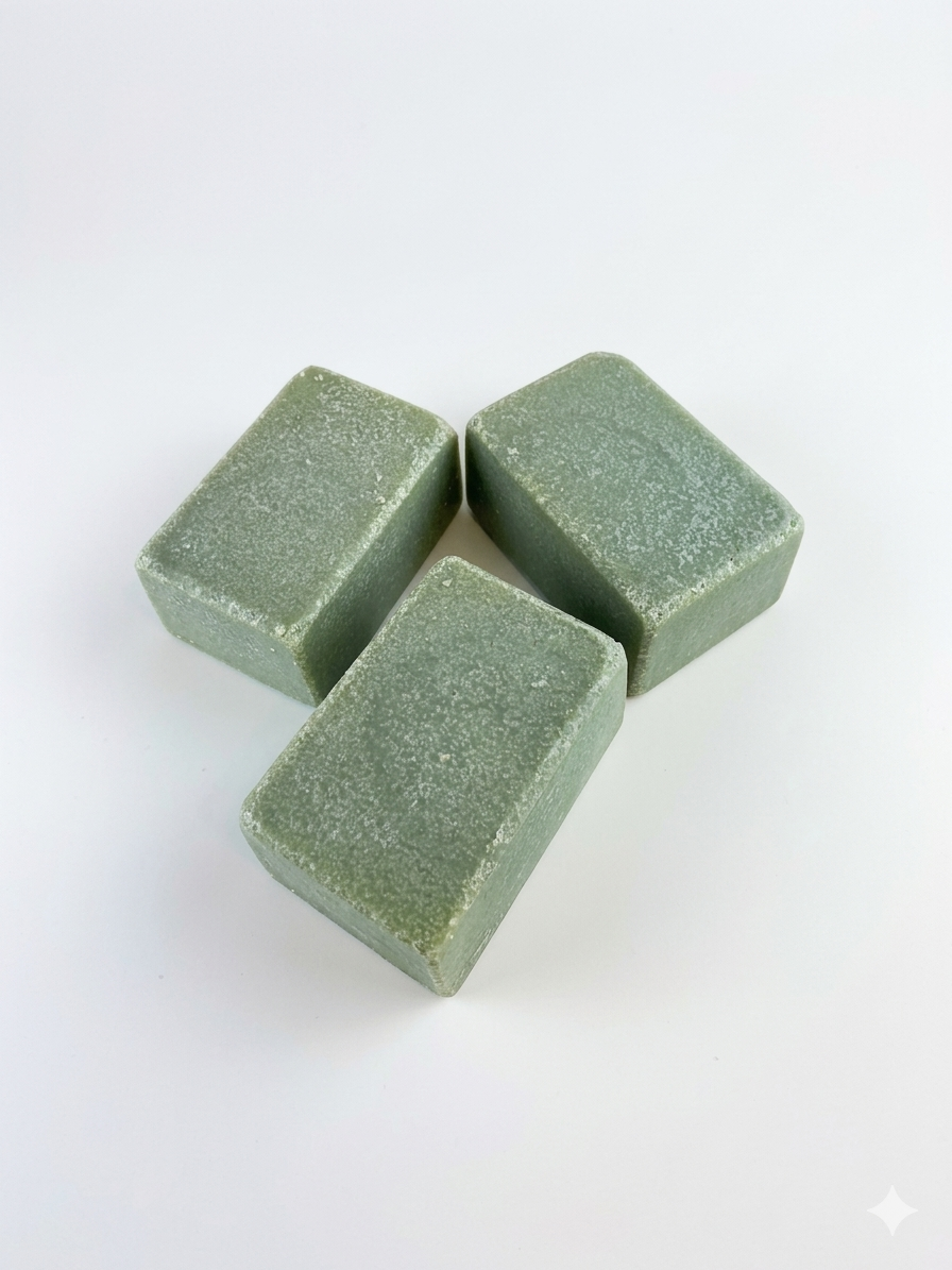 Three green soap bars on a white background