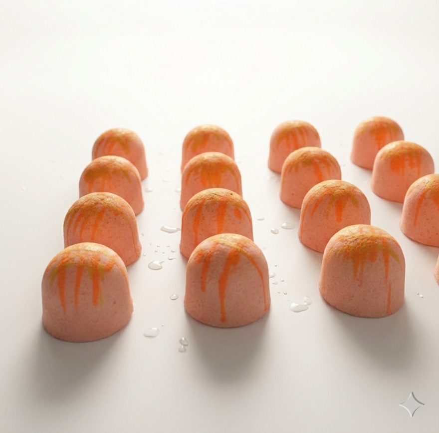 Ornate peach-colored bath bombs with orange accents arranged on a white surface