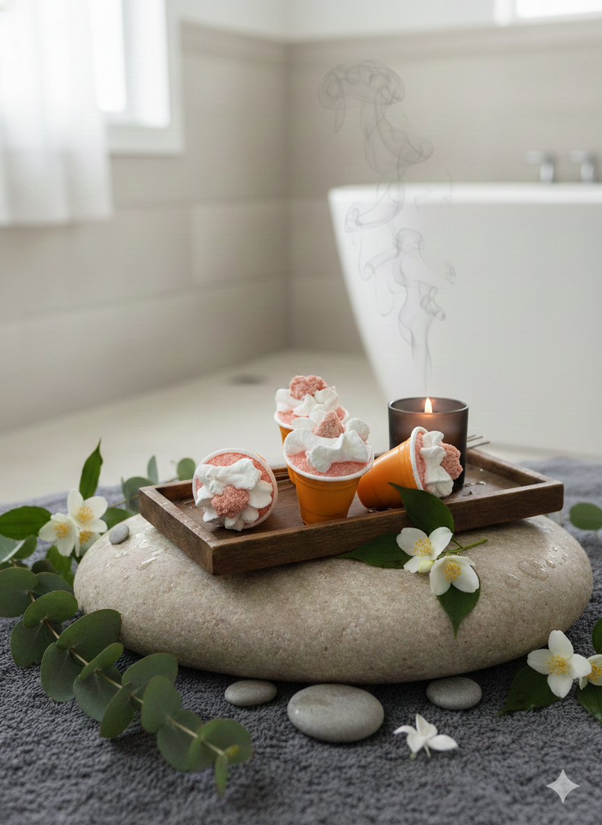 Decorative setting with small peach-colored bath bombs on a stone in a bathroom.