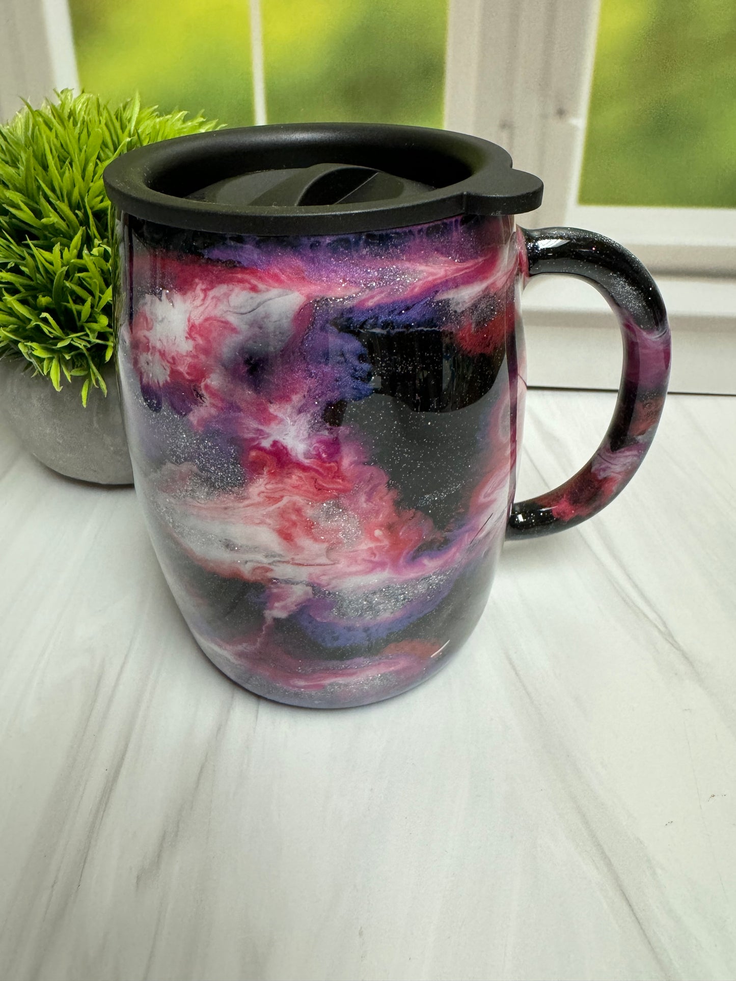 Stainless Steel Coffee Mug - black with pink purple and silver swirls - 14 oz