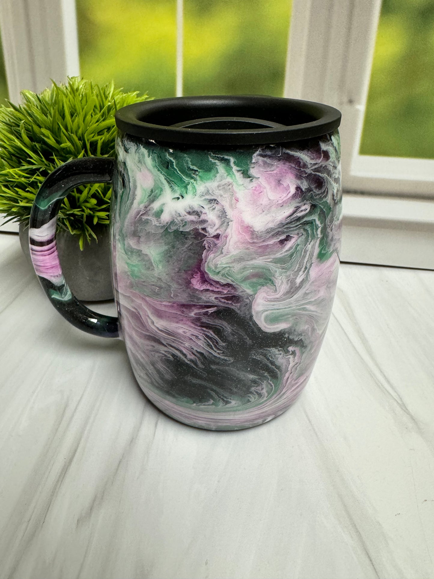 Stainless Steel Coffee Mug - black with pink green white swirls - 14 oz