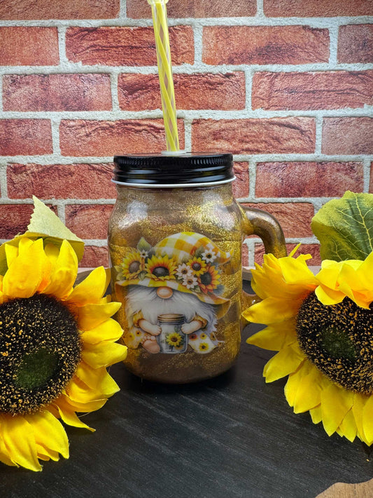 Gnome Sunflower Mason Jar: Glass Drinking Cup with Lid & Straw