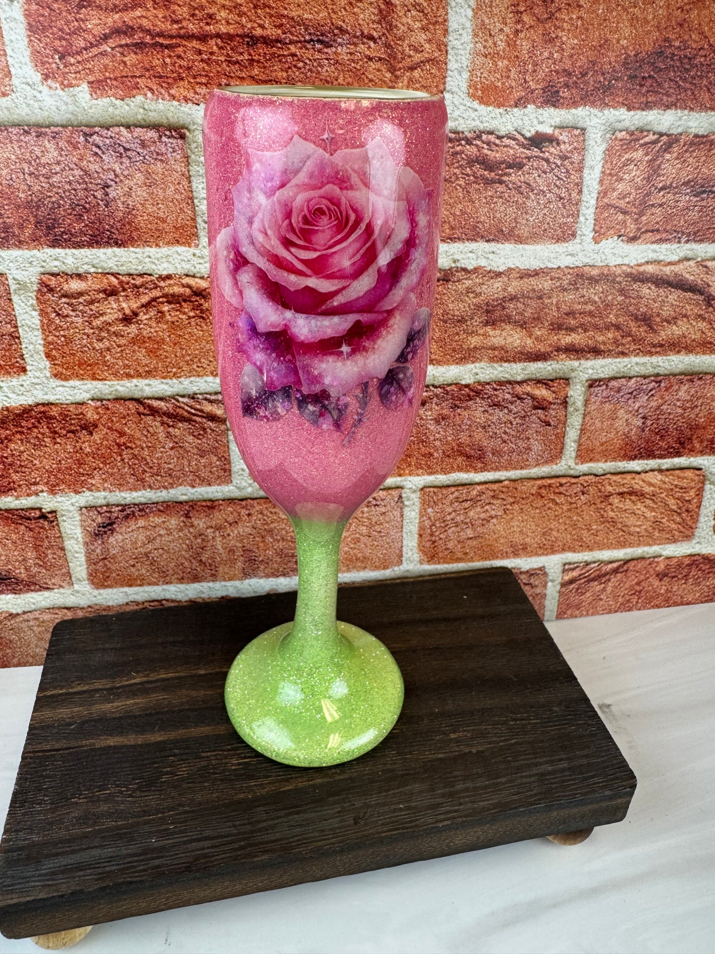 Floral Rose Champagne Flute: Pink and Green Elegant Toasting Glass