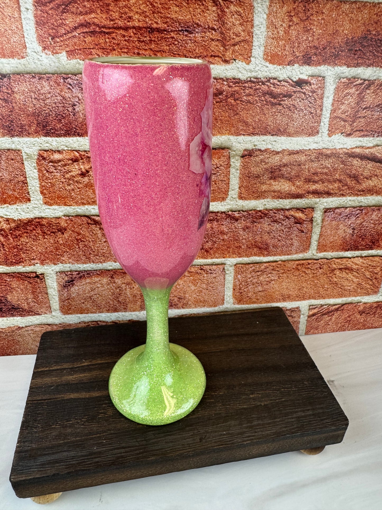 Floral Rose Champagne Flute: Pink and Green Elegant Toasting Glass
