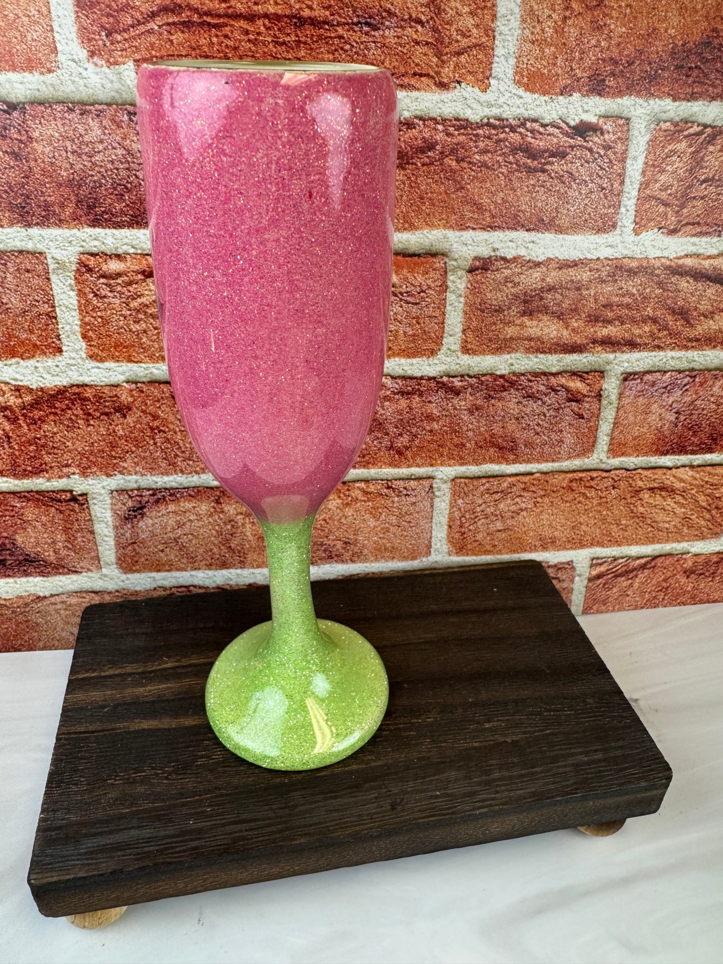 Floral Rose Champagne Flute: Pink and Green Elegant Toasting Glass