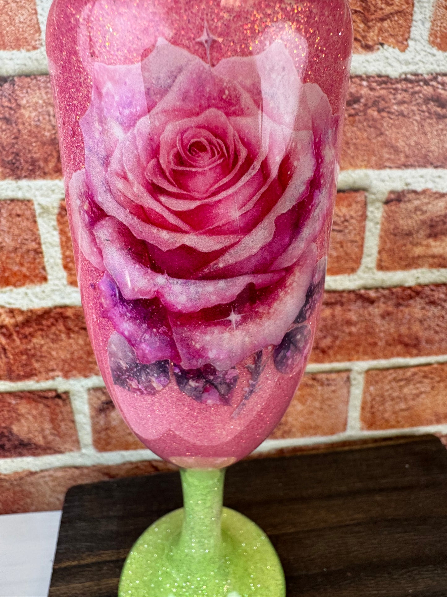 Floral Rose Champagne Flute: Pink and Green Elegant Toasting Glass