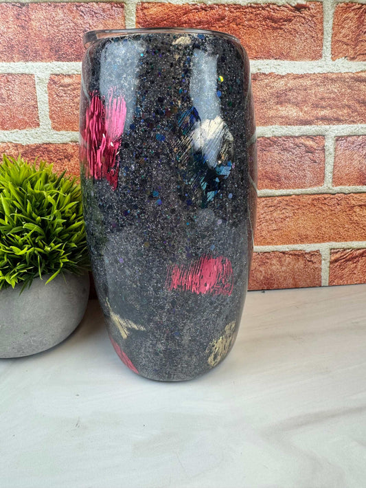 Stainless Steel Tumbler - Black with Colorful Patches - 25 oz 