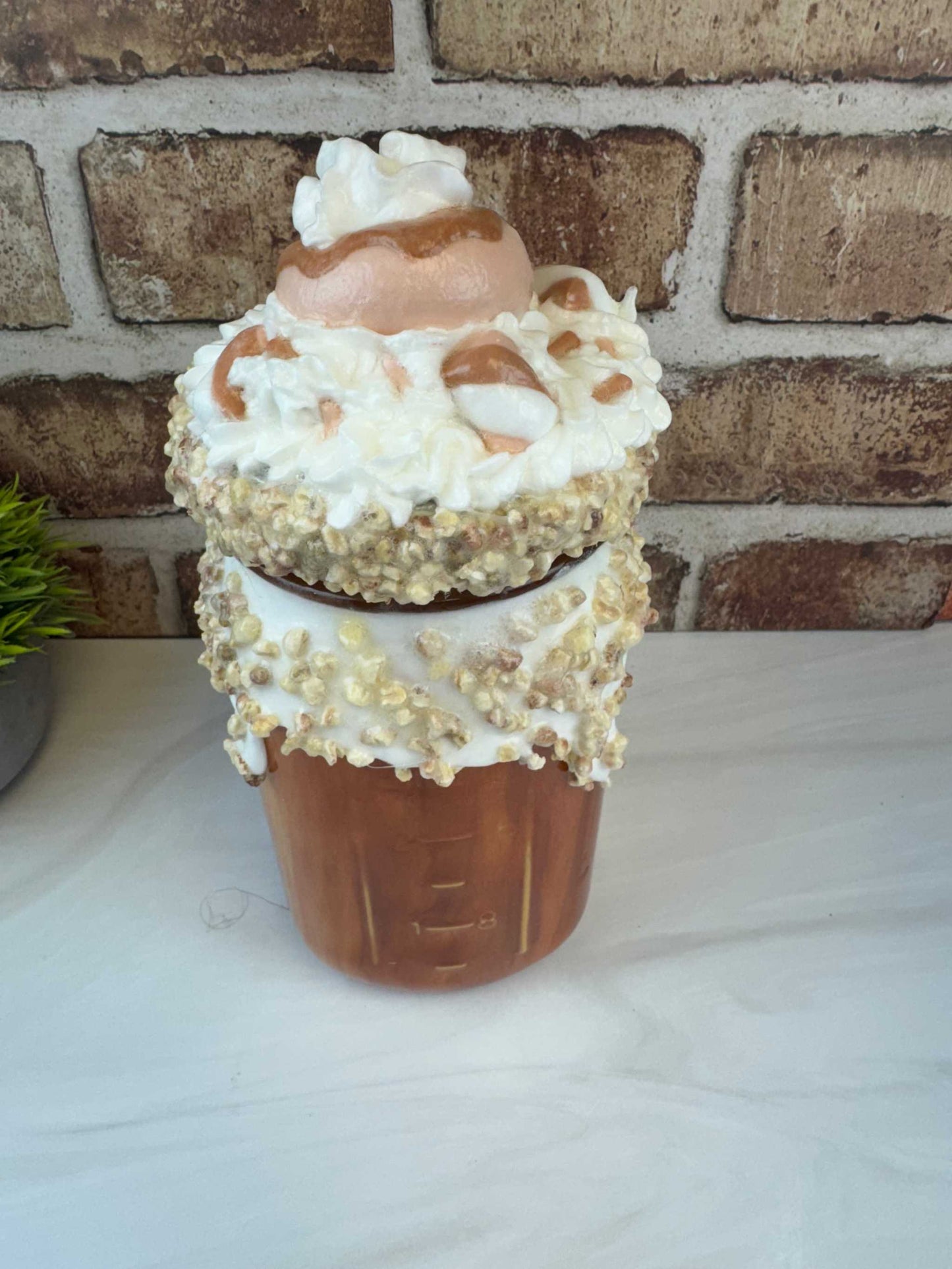 Sweet treat mason jar with faux whipped topping and donut decoration handcrafted dessert decor