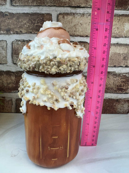 Handmade sweet treat mason jar with faux donut topped whipped cream and nut decoration, 32 oz capacity