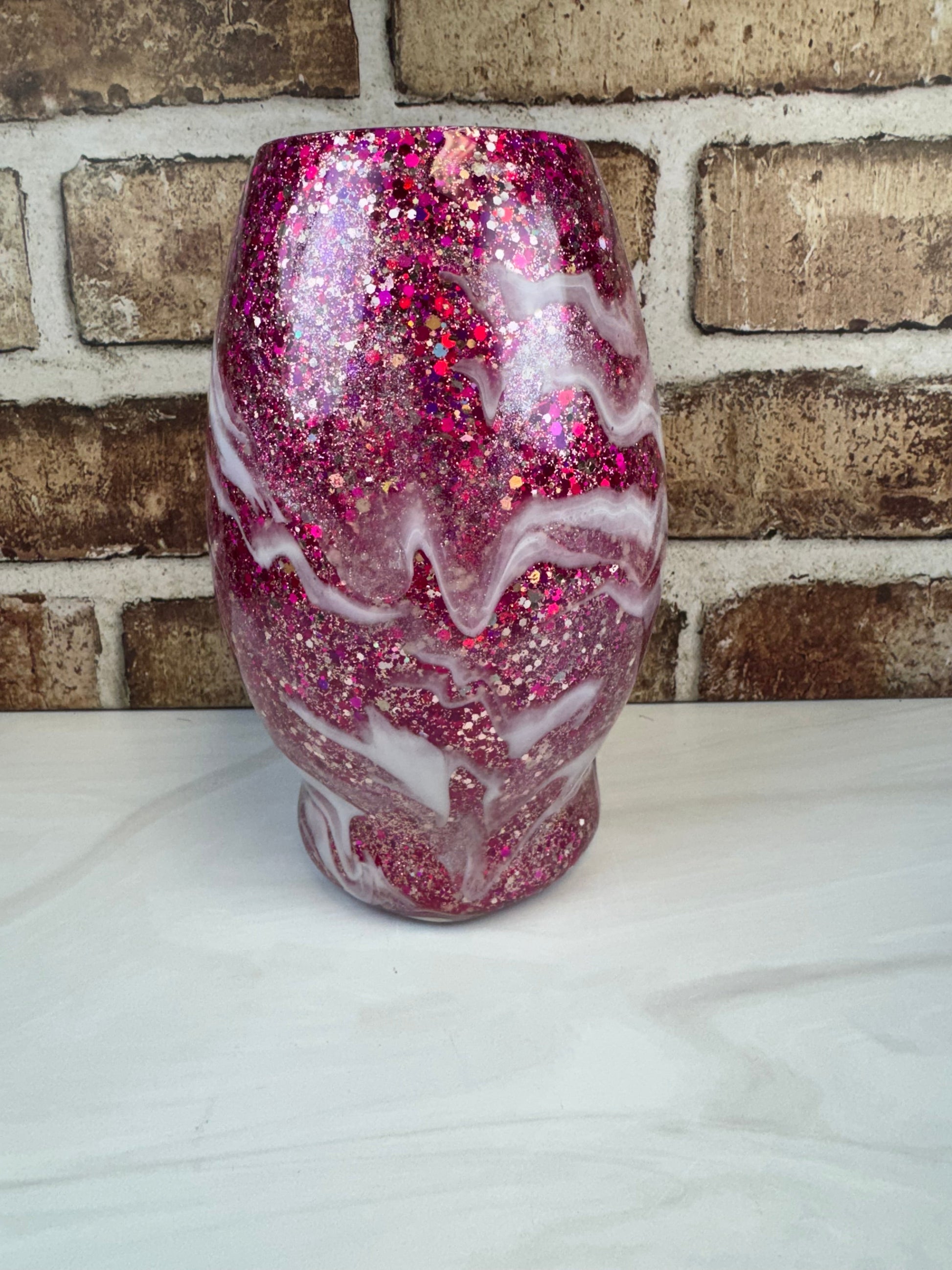 Glass Vase - Pink with Swirl Designs and Glitter Accents Elegant Decor