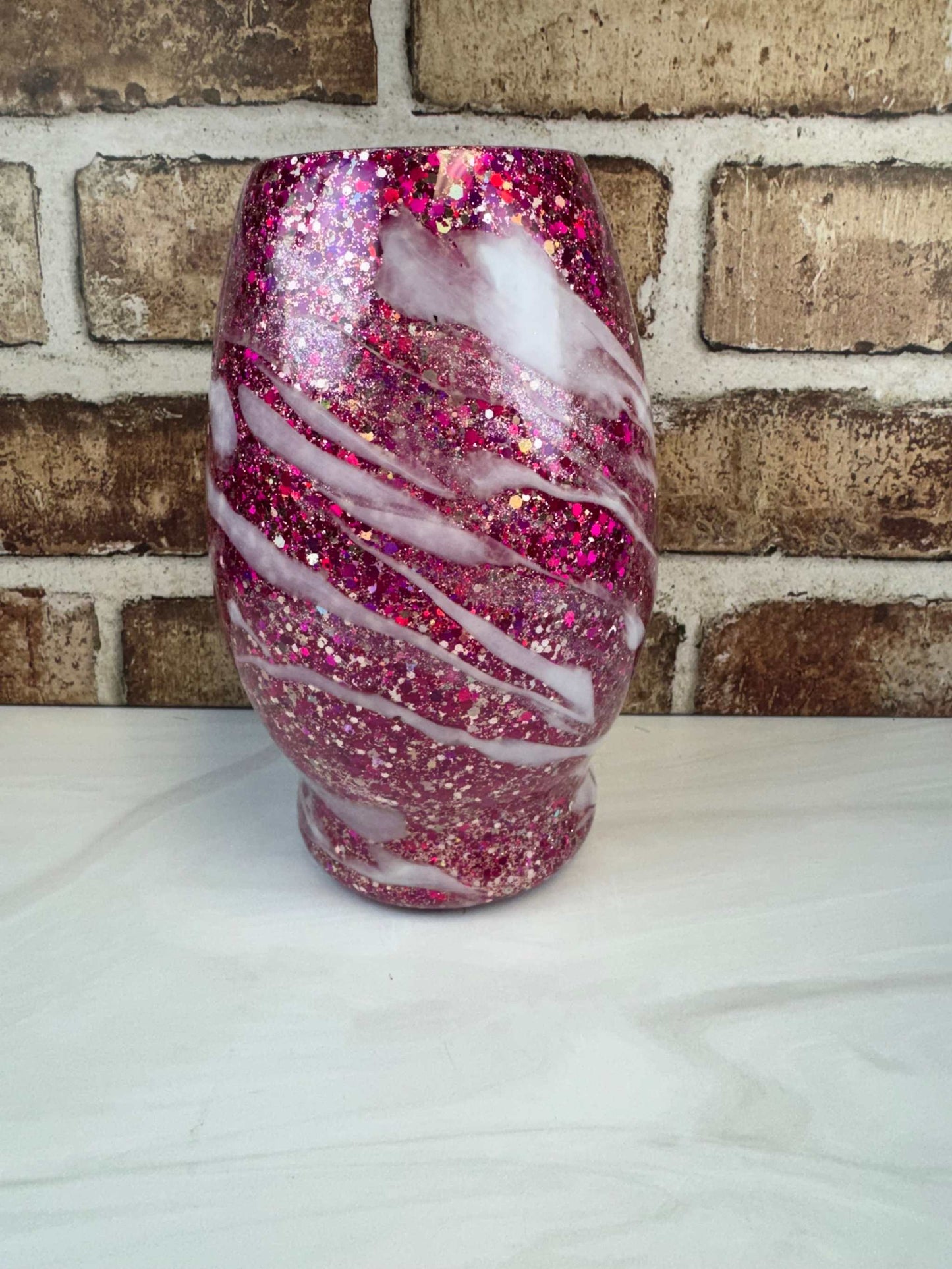 Glass Vase - Pink with Swirl Designs and Glitter Accents Elegant Decor