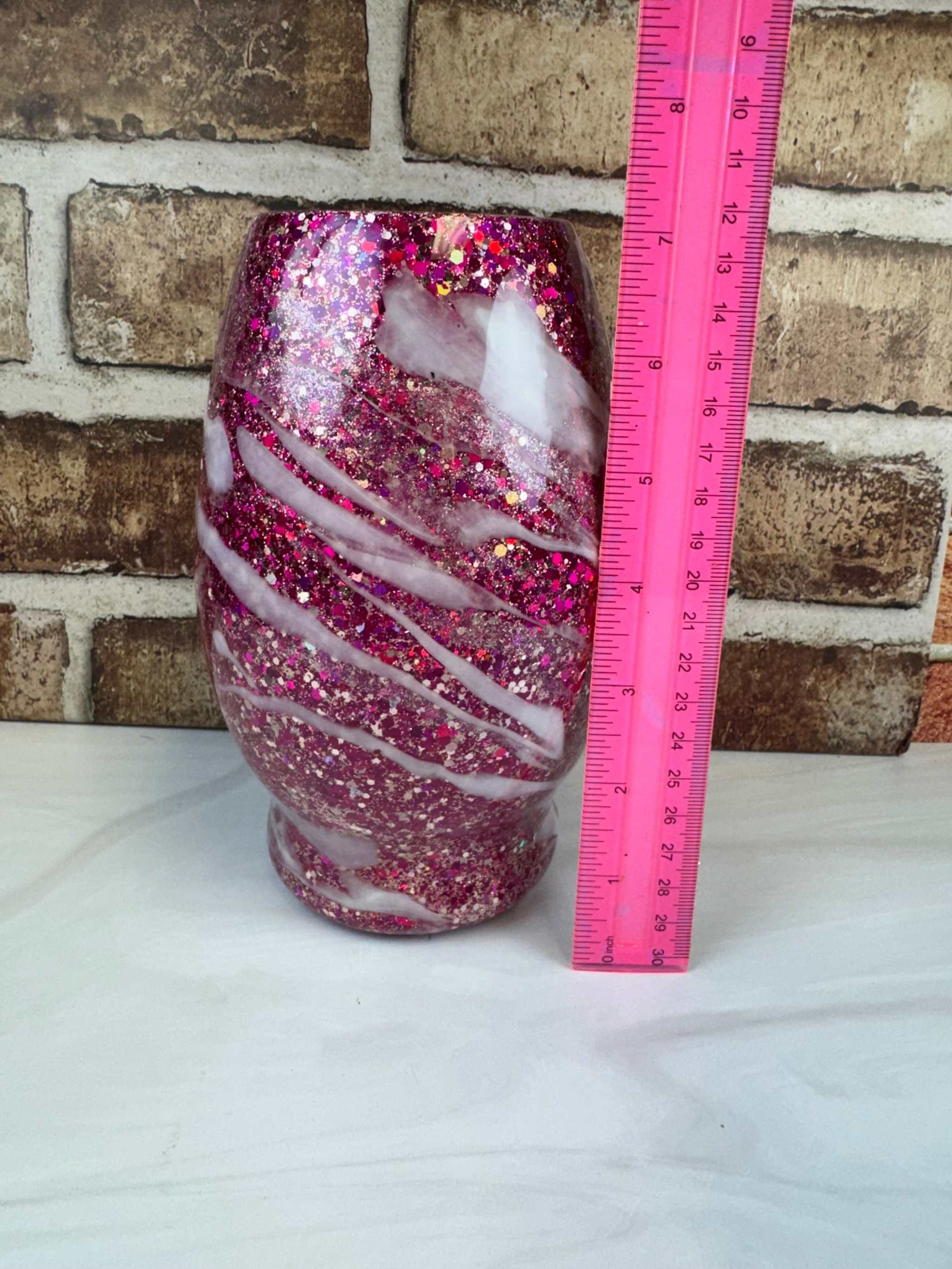 Glass Vase - Pink with Swirl Designs and Glitter Accents Elegant Decor