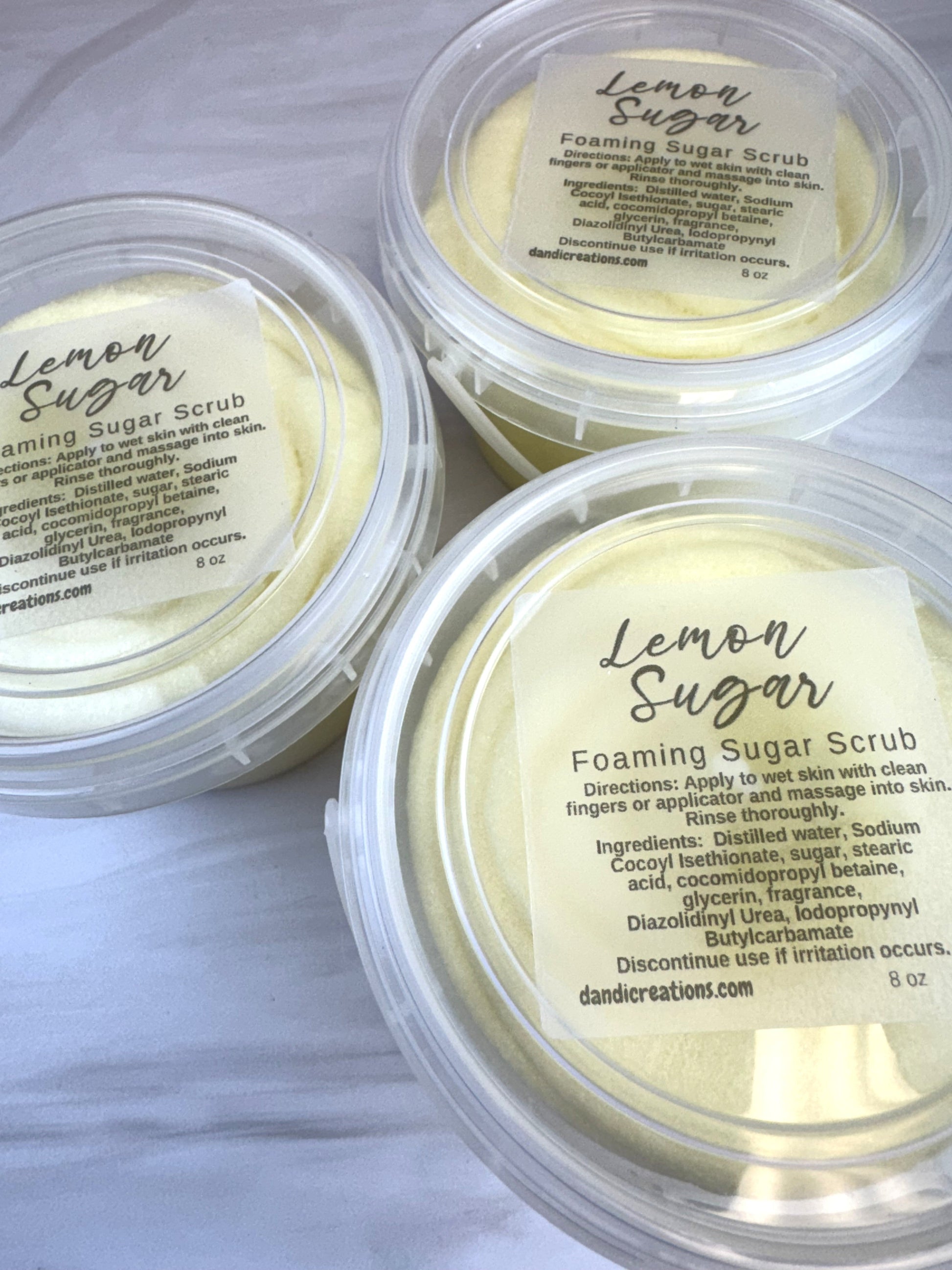 Foaming sugar scrub Lemon Sugar whipped soap with lemon vanilla fragrance in clear jars