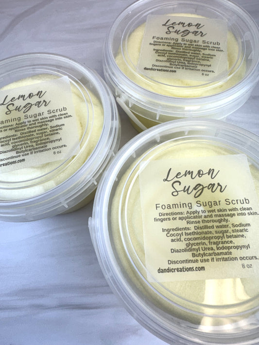 Foaming sugar scrub Lemon Sugar whipped soap with lemon vanilla fragrance in clear jars