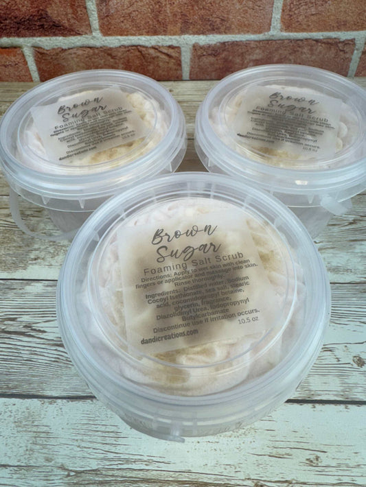 Foaming Salt Scrub Brown Sugar whipped soap exfoliating skincare product in clear containers