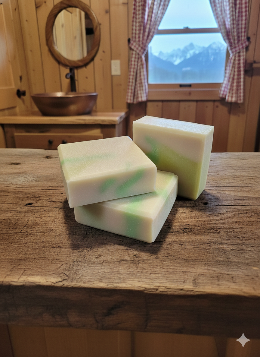 Three bars of soap on a wooden surface with a mountain view in the background