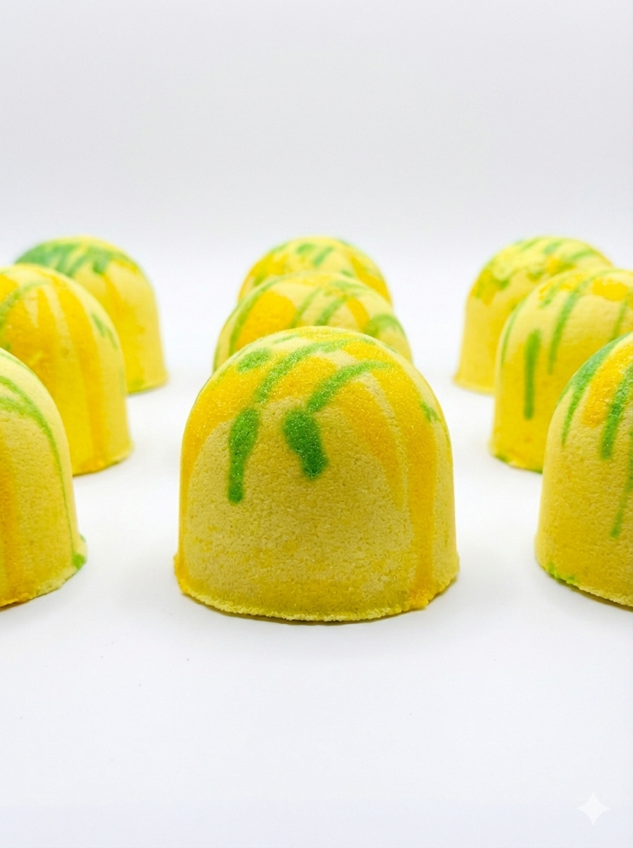 Yellow bath bomb with green swirls on a white background