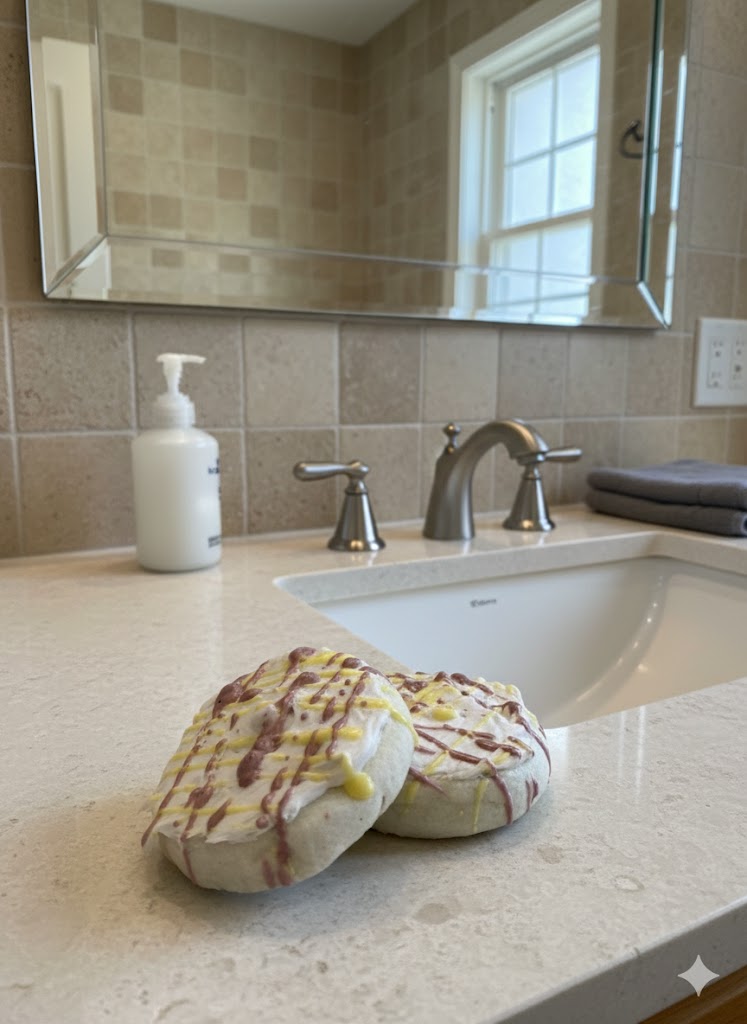 Bathroom counter with bubble cookies, soap dispenser, and sink.