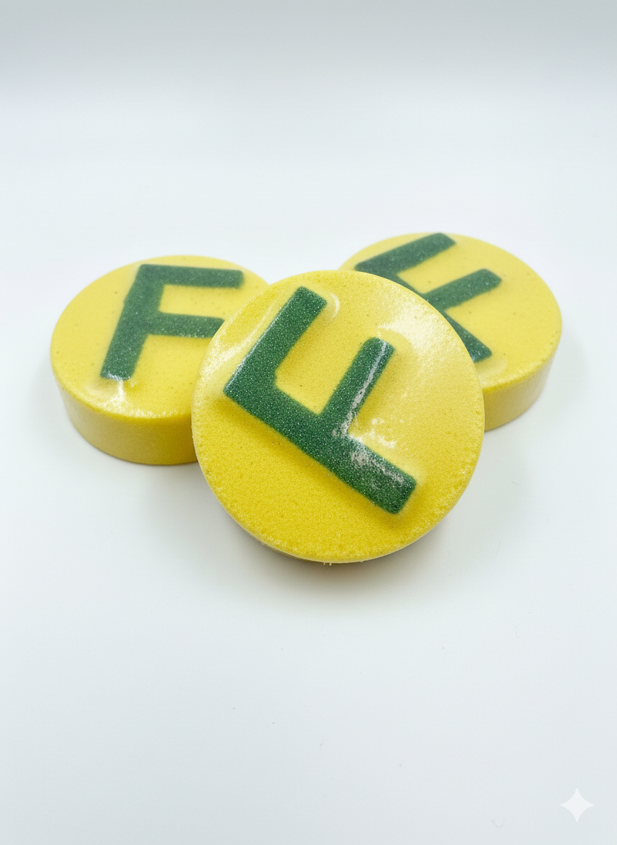 Three yellow bath bombs f bombs on a white background