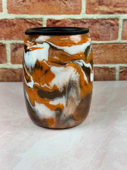 Autumn Tumbler with black lid and marbled orange, white, and brown design for insulated hot and cold drinks