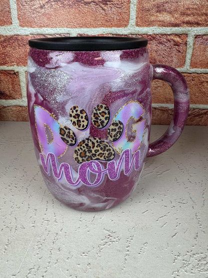 Dog Mom Coffee Mug with leopard print paw design on stainless steel purple glitter background