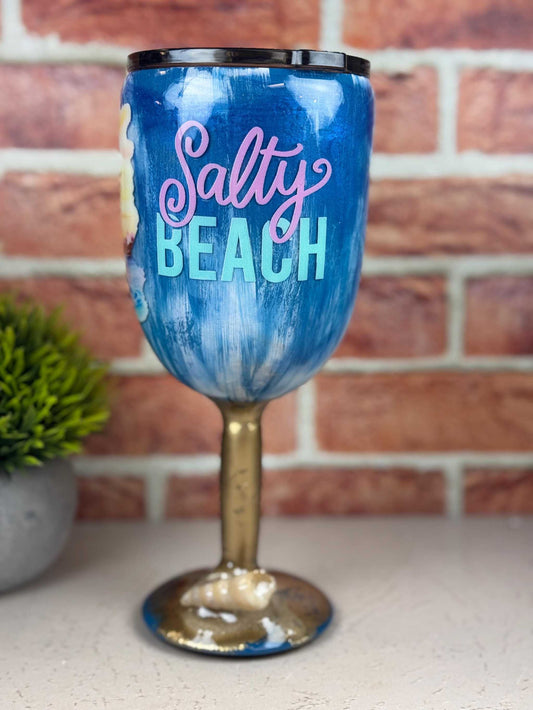 Salty Beach Stainless Steel insulated wine glass with blue ocean design and gold stem