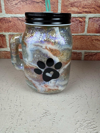 Dog lover drinking mug with lid and straw featuring "my dog thinks I'm cool" text, handmade 16 oz drinking mug