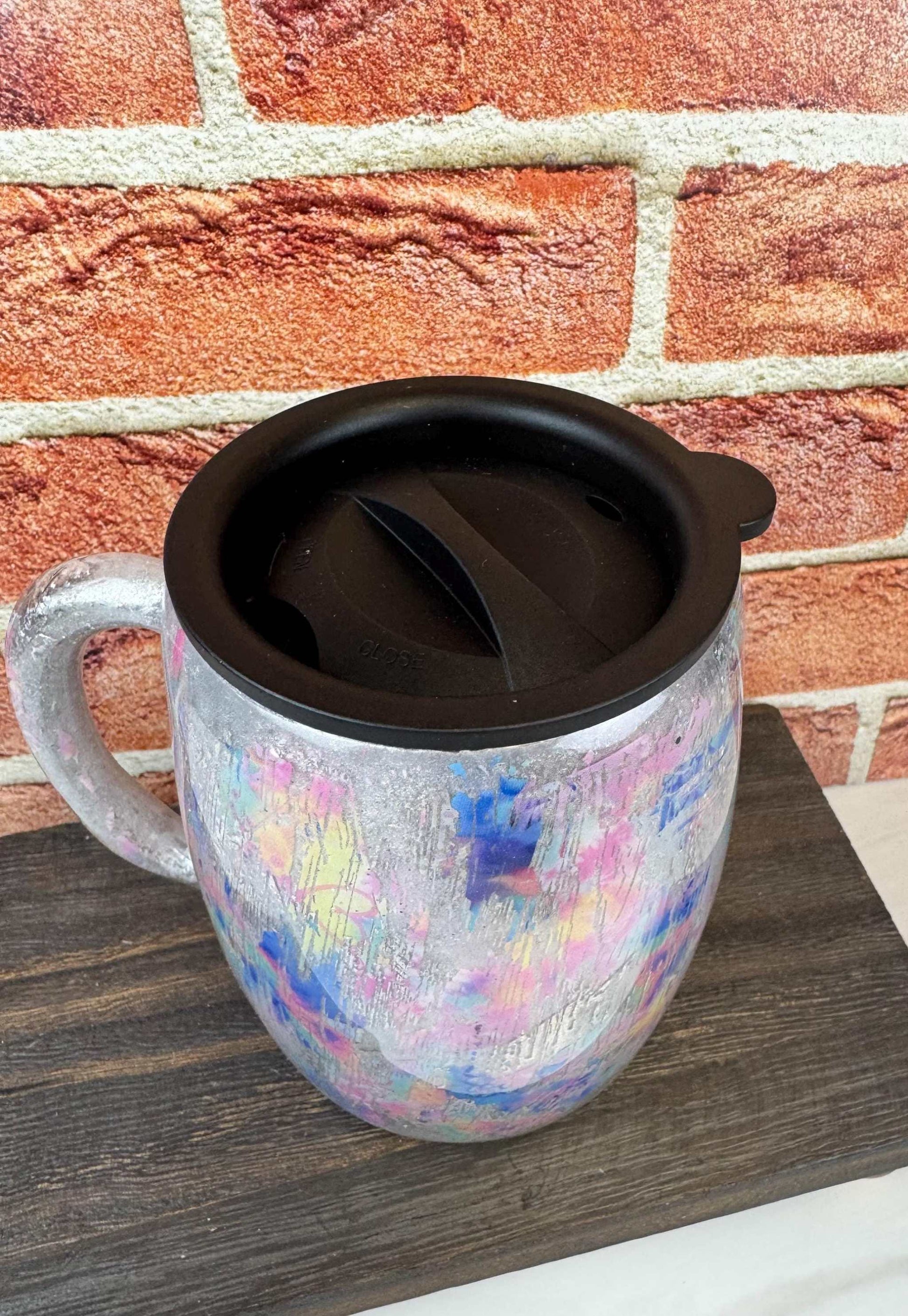 Silver Coffee Mug - 14oz Insulated Tumbler with Pink & Blue Accents